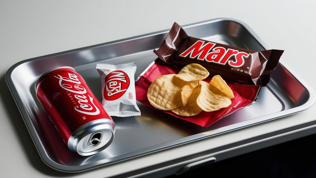 Flugzeug Snacks ungesund auf Tablett (AI generiert mit Canva)